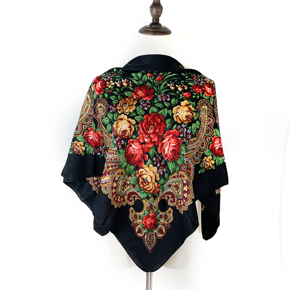 Foulard carré russe de luxe 100x100cm à imprimé floral pour femme, bandeau, bandana, châle, babouchka, mouchoir, couvre-chef féminin