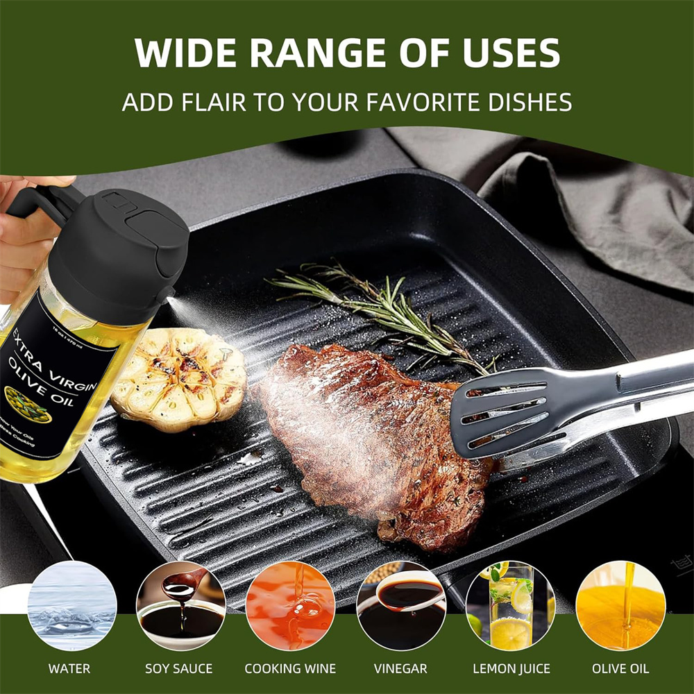 Pulvérisateur d'huile pour la cuisson, bouteille distributrice d'huile d'olive 2 en 1 pour la cuisine avec autocollants, verre Premium 16oz/470ml, brumisateur d'huile de qualité alimentaire