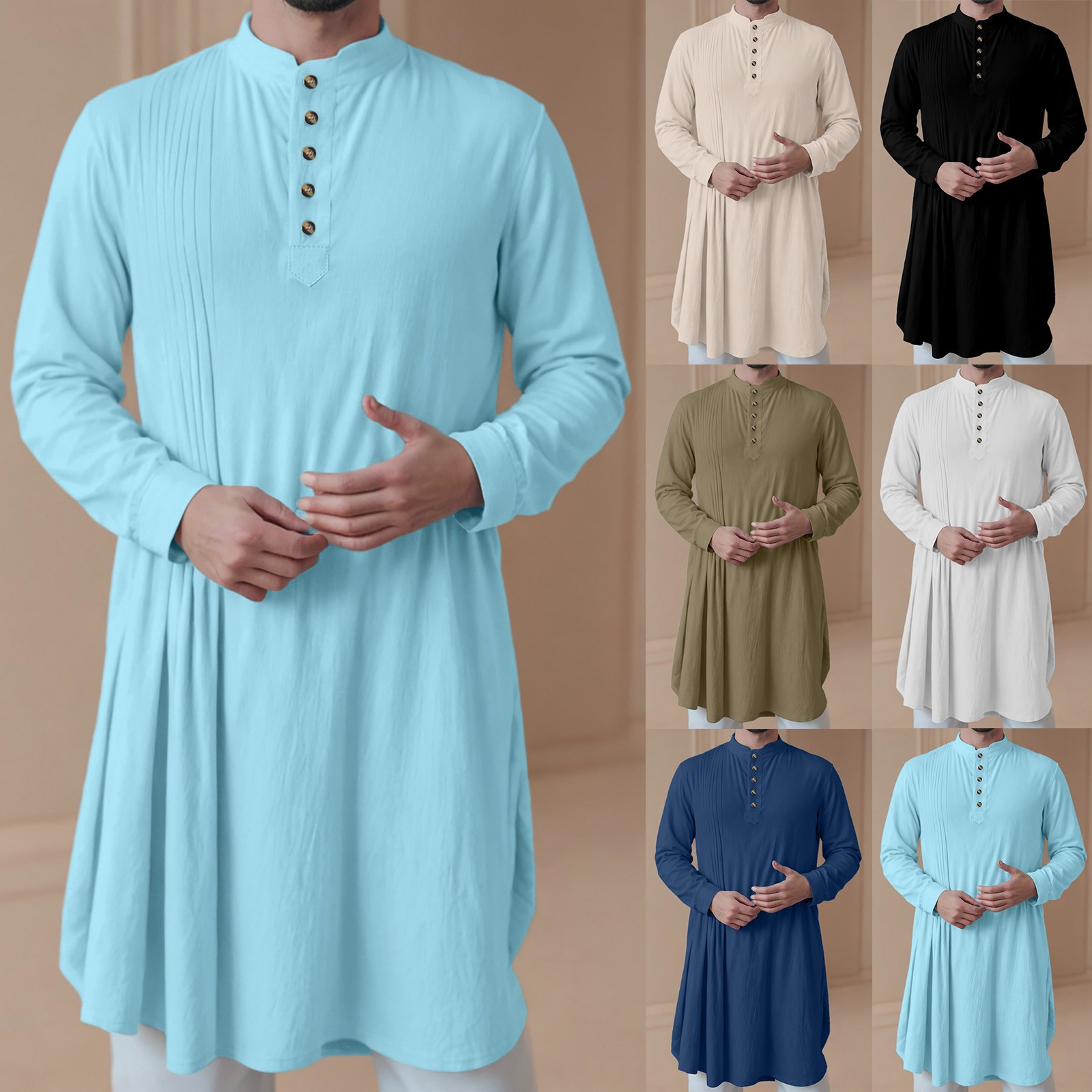 Chemises boutonnées en coton et lin pour hommes, robes musulmanes, vêtements stylés pour hommes, arabe moyen, nouveau