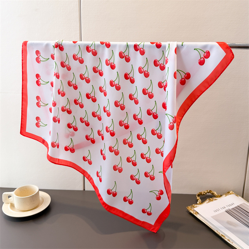Écharpe carrée en satin de luxe 70x70cm, motif cerise mignon, châle pour femme, petit sac tendance, bandeau pour cheveux, bandana