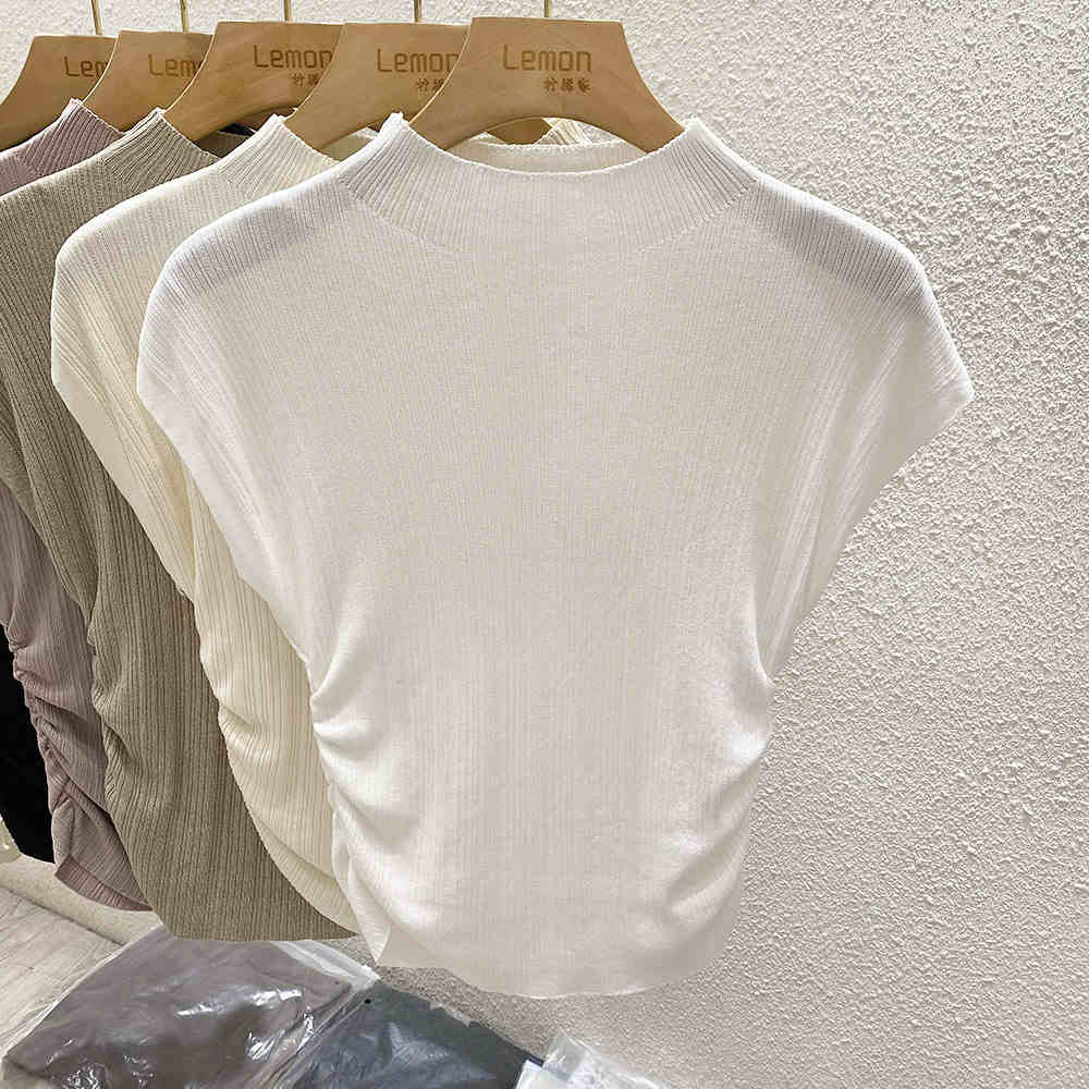 T-shirt en maille de soie glacée Printemps-Été 2026, col semi-montant, effet amincissant, design unique, coupe ajustée, manches courtes, hauts intérieurs