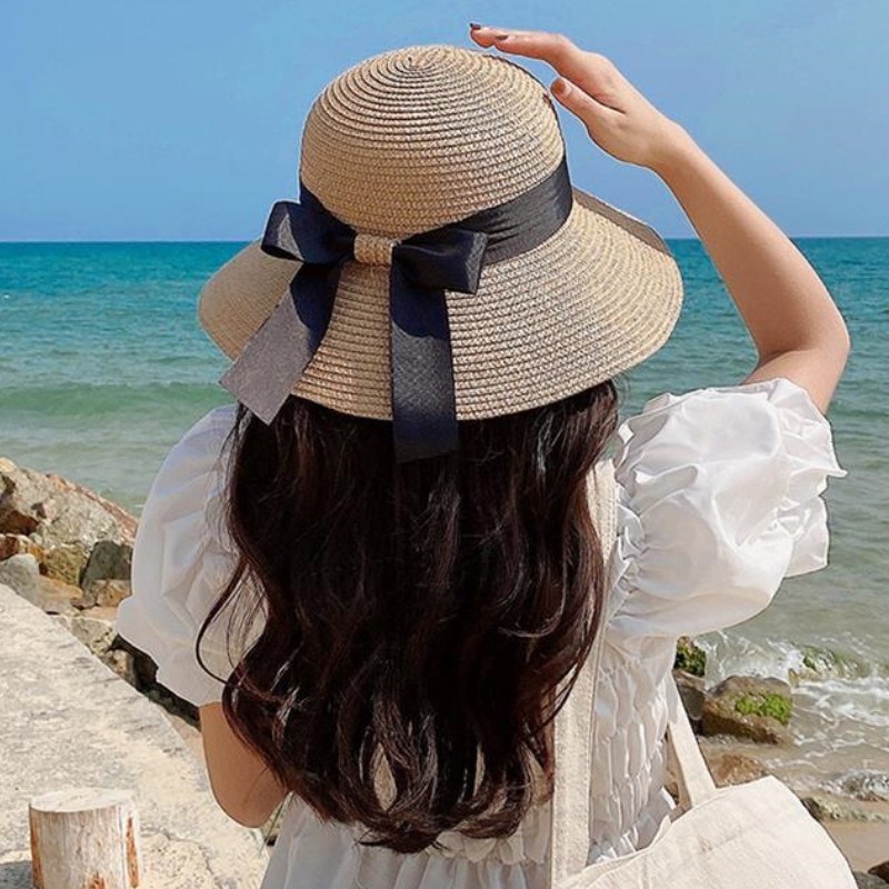 Chapeaux de soleil pliables à nœud papillon pour femmes et filles, chapeau de paille à large bord simple, protection UV extérieure, casquette de plage, femme, parent-enfant