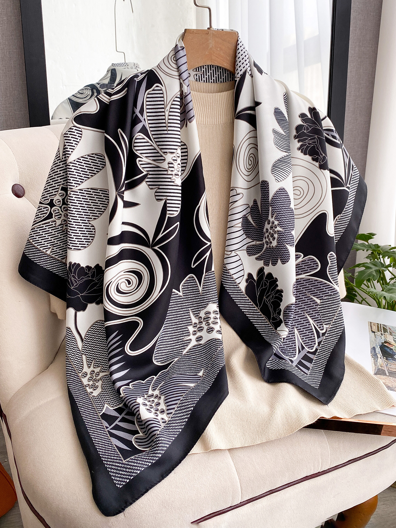 Foulard carré de luxe de marque, châle imprimé en twill de soie 90 cm, hijab pour femme, bandeau, bandana