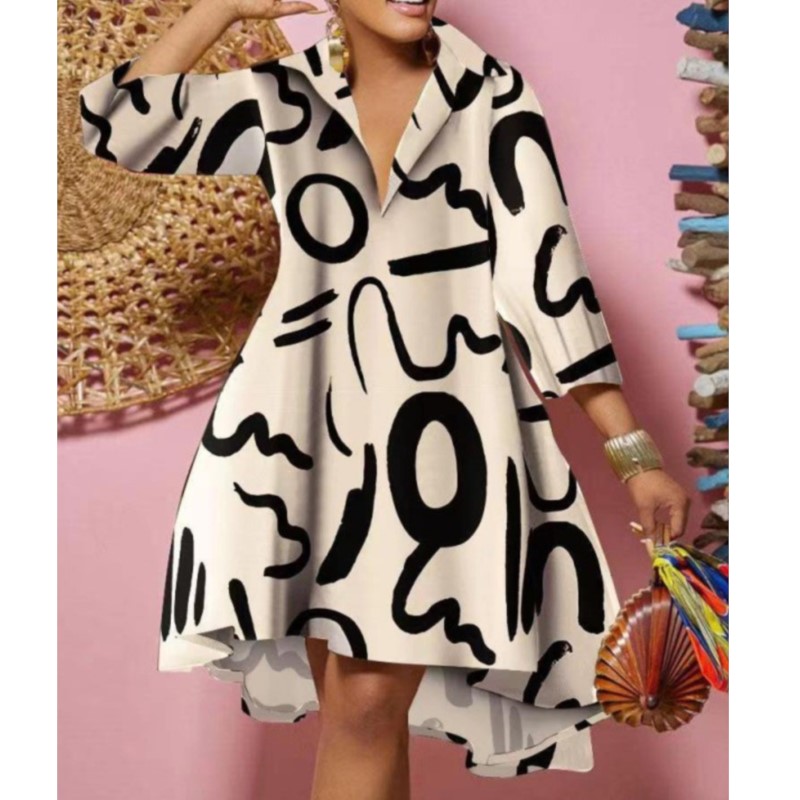 Femmes Sexy mode imprimé chemise robes Chic col en V ample à manches longues Robe casual vacances femme Mini robes Robe vêtements