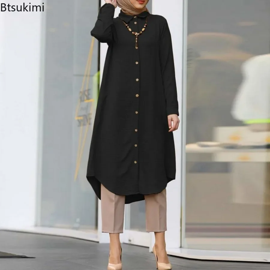 2026 saoudien arabe femmes musulmanes à manches longues Blouse décontracté chemise ample robe tunique Blusas femmes hauts maroc turc solide Chemise