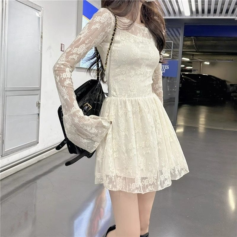 Robe en dentelle à manches longues pour femmes, Kpop complet, ample, tendance, courbe, Harajuku, épais, Style coréen, robes de vacances à la mode pour femmes