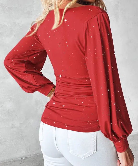 Chemisier élégant à paillettes rouges, manches longues et taille froncée, tissu tricoté en polyester, parfait pour le printemps/été/automne, élégant Bl