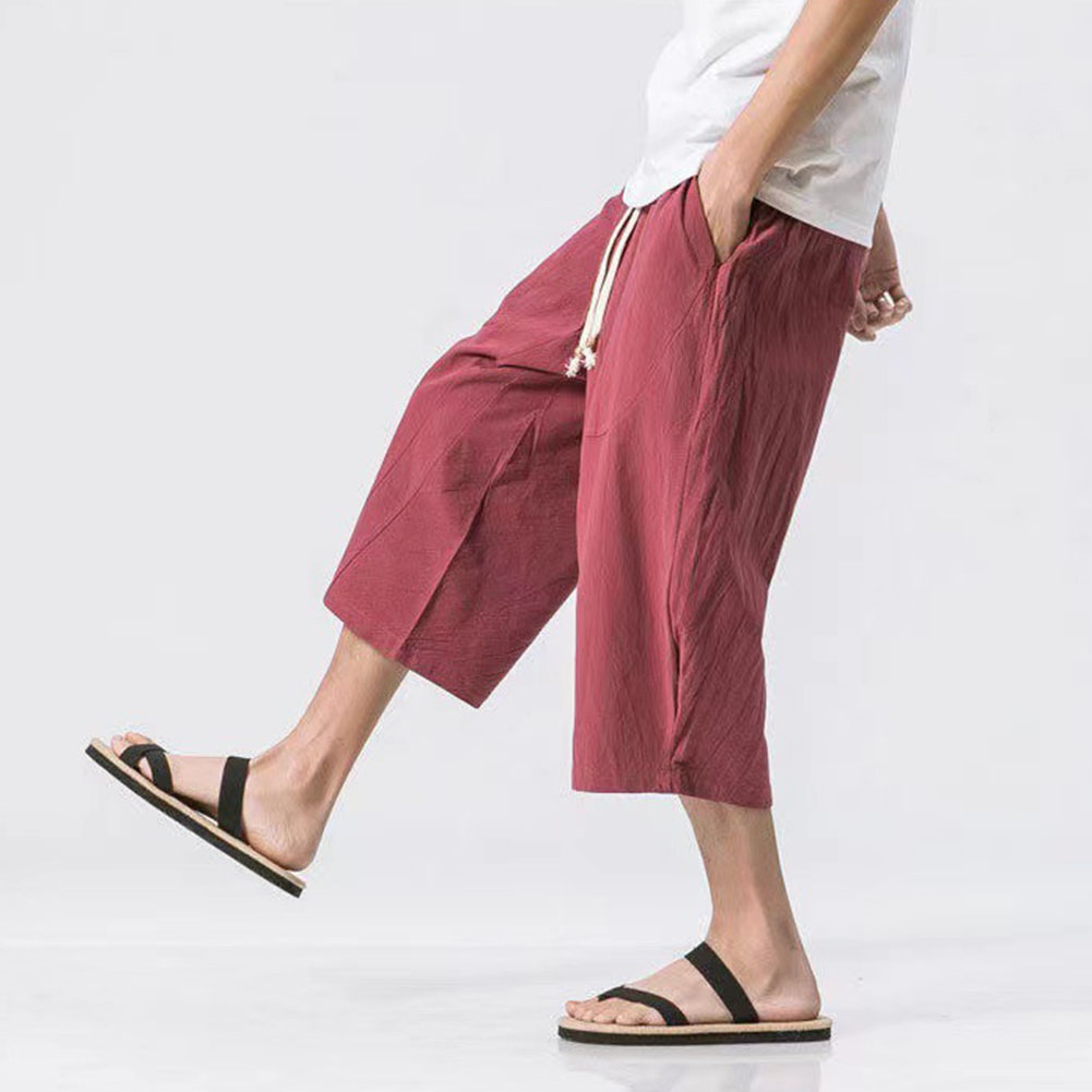 Hommes ample mince coton lin pantalon décontracté mollet longueur pantalons de survêtement vêtements pour hommes mode couleur unie sarouel