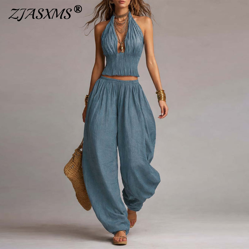 Ensemble 2 pièces bohème smocké : Crop top licou sans manches à col en V et dos nu + pantalon harem – Tenue décontractée pour femme, idéale pour les vacances printemps-été