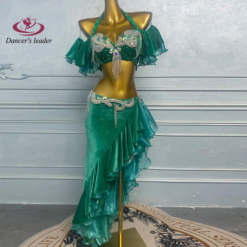 Costume de danse du ventre pour femmes, adultes et enfants, jupe en dentelle diagonale verte haut de gamme, robe Flash haute Performance Samba