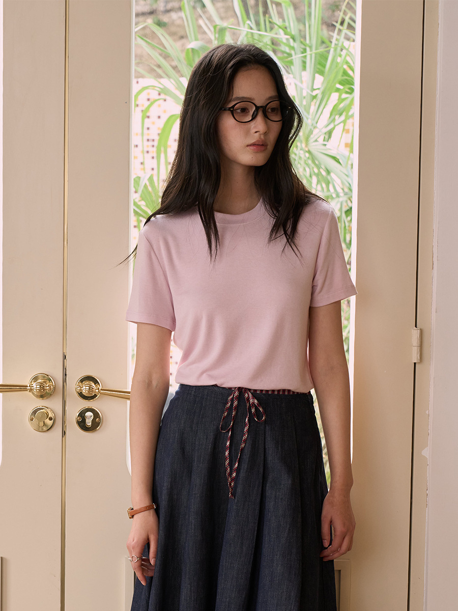T-shirt à manches courtes en soie et laine pour femme, col rond, coupe ample, doux, basique, été
