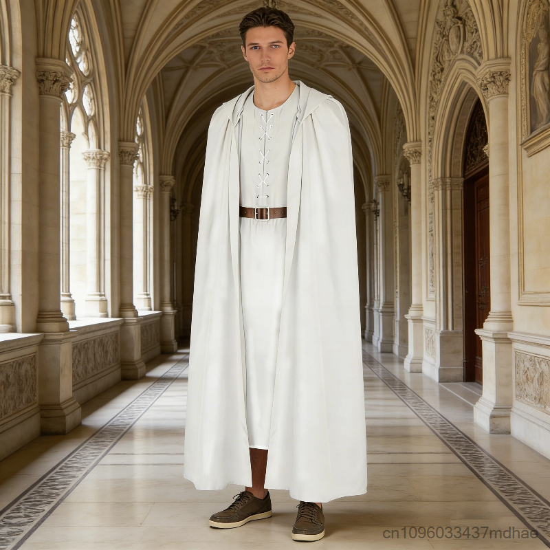 Robe de chevalier médiévale blanche à capuche pour homme, costume de tunique de chevalier de la Renaissance avec ceinture, tenue de cosplay de sorcier, déguisement de fête