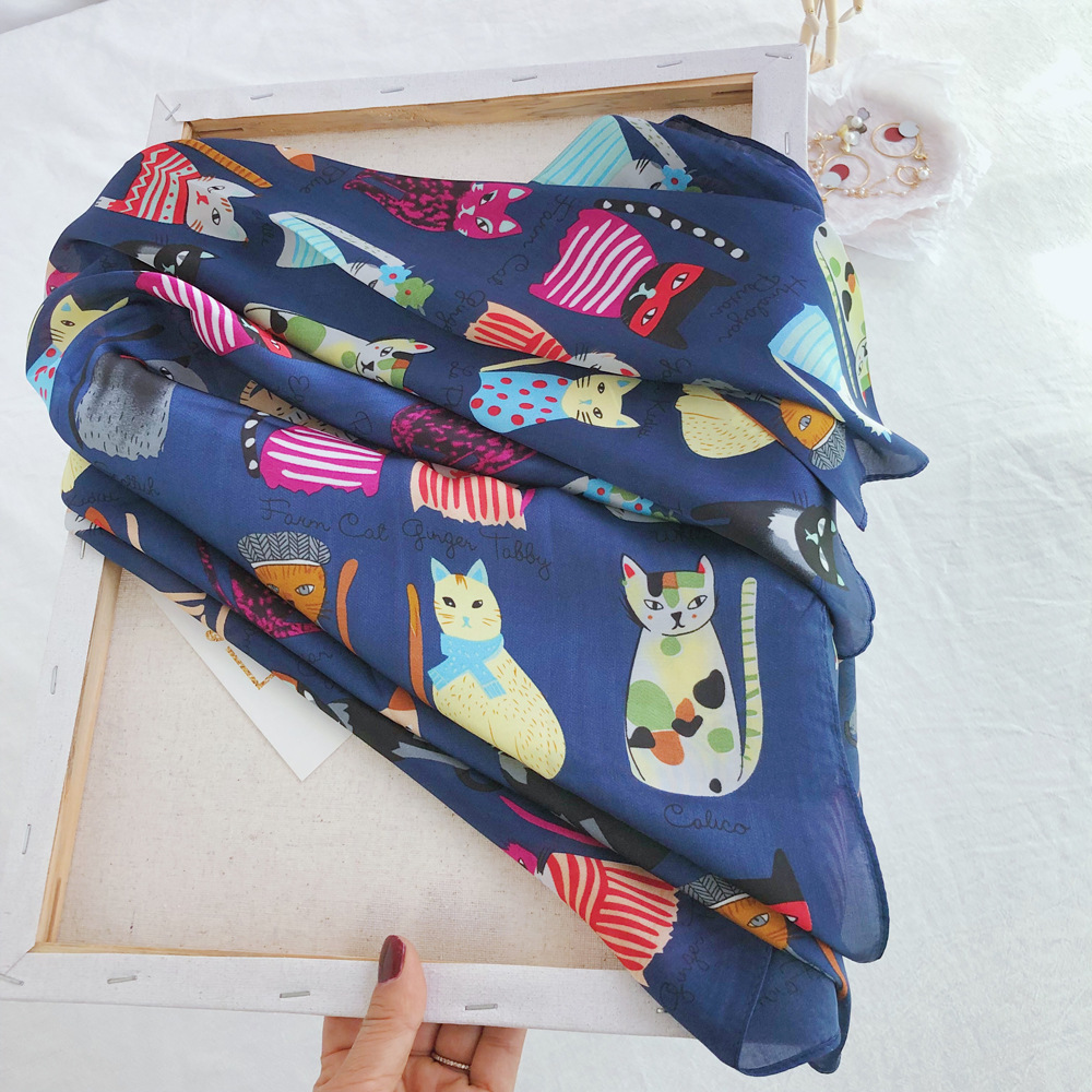 Marque de luxe 2025 nouvelle mode été soie carré Foulard femmes chat P Satin cou cheveux cravate bande plage Hijab tête femme Foulard