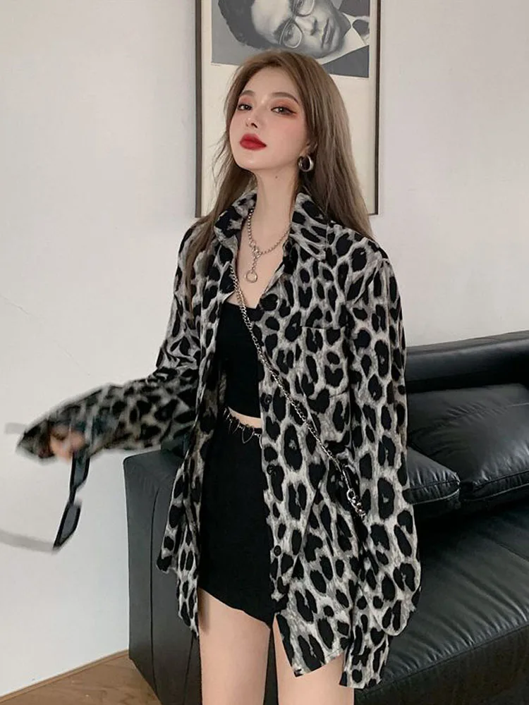 Chemise longue rétro à imprimé léopard pour femme, coupe ample oversize, style Y2K, mode coréenne, chemisier décontracté, streetwear, haut de printemps