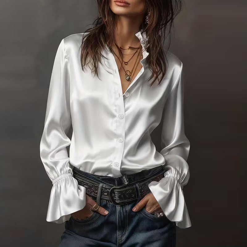 Mode femmes à manches longues chemise en soie noir col rabattu bouton Blouse femmes bureau hauts maille voir à travers la manches chemise en Satin