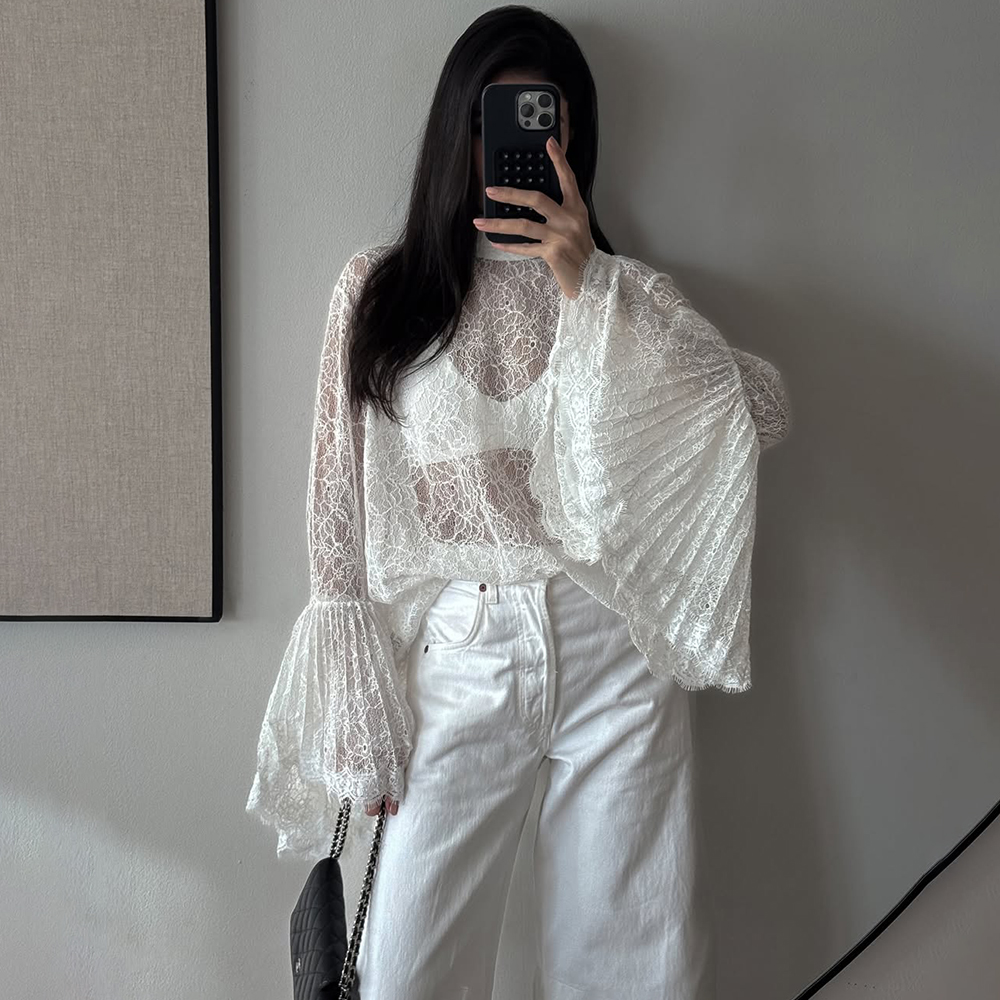 Talenza élégant dentelle Blouse femmes mode à volants à manches longues ruban Sexy dentelle haut de luxe fête femme transparent dentelle chemise