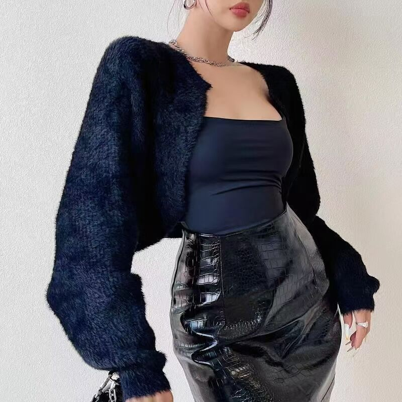 Cardigan court à col rond pour femmes, tunique à manches longues, pulls côtelés solides, vestes à la mode, vêtements coréens Sucirculation Mujer