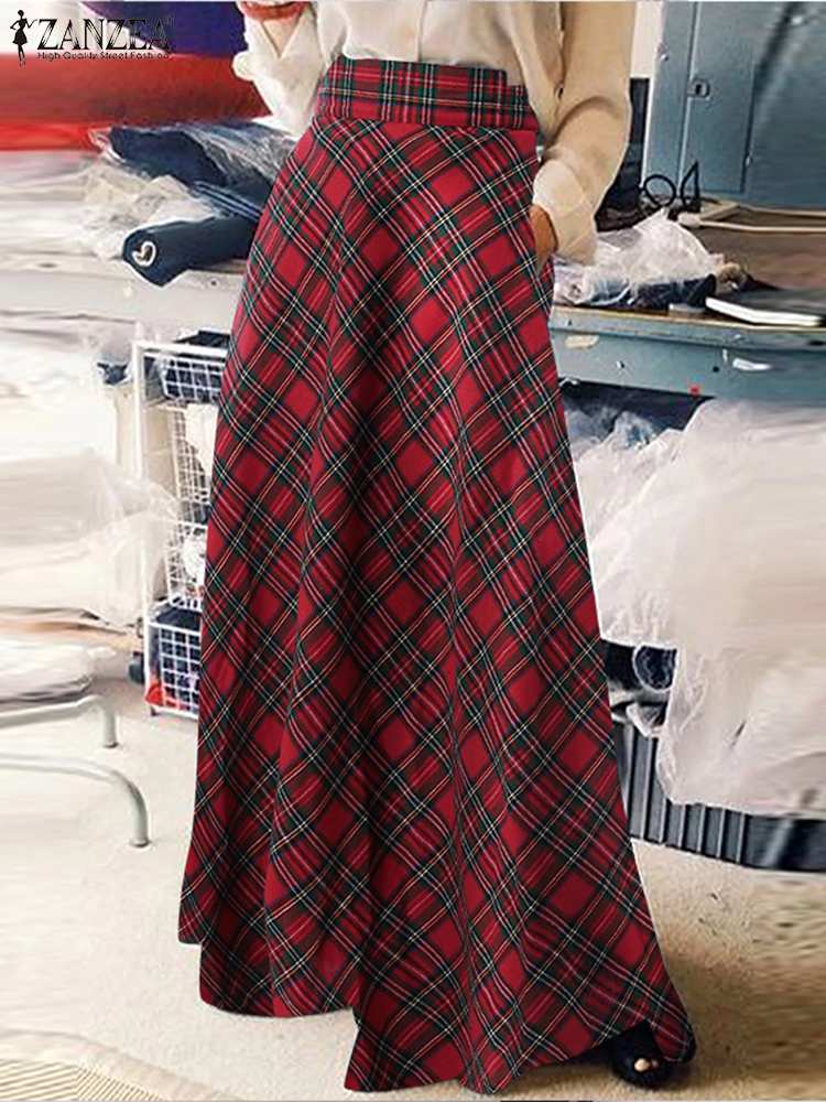 ZANZEA-Jupe longue à carreaux pour femmes, Robe d'été décontractée, Taille haute, A-ligne, Vintage, Maxi, Automne, Mode
