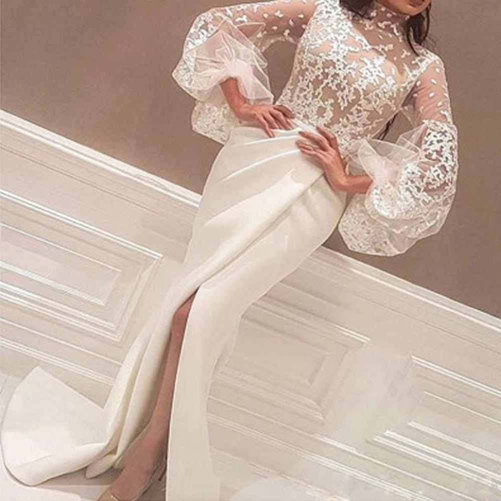 Robe de soirée longue transparente à col roulé pour femmes, taille haute, ourlet fendu, manches bouffantes, vêtements de fête