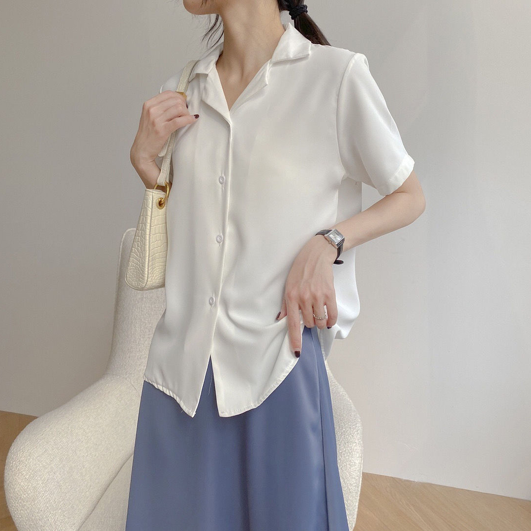 Chemisier en mousseline de soie pour femme, chemise élégante, manches courtes, col en V, décontracté, solide, coréen, chic, simple, tunique, été