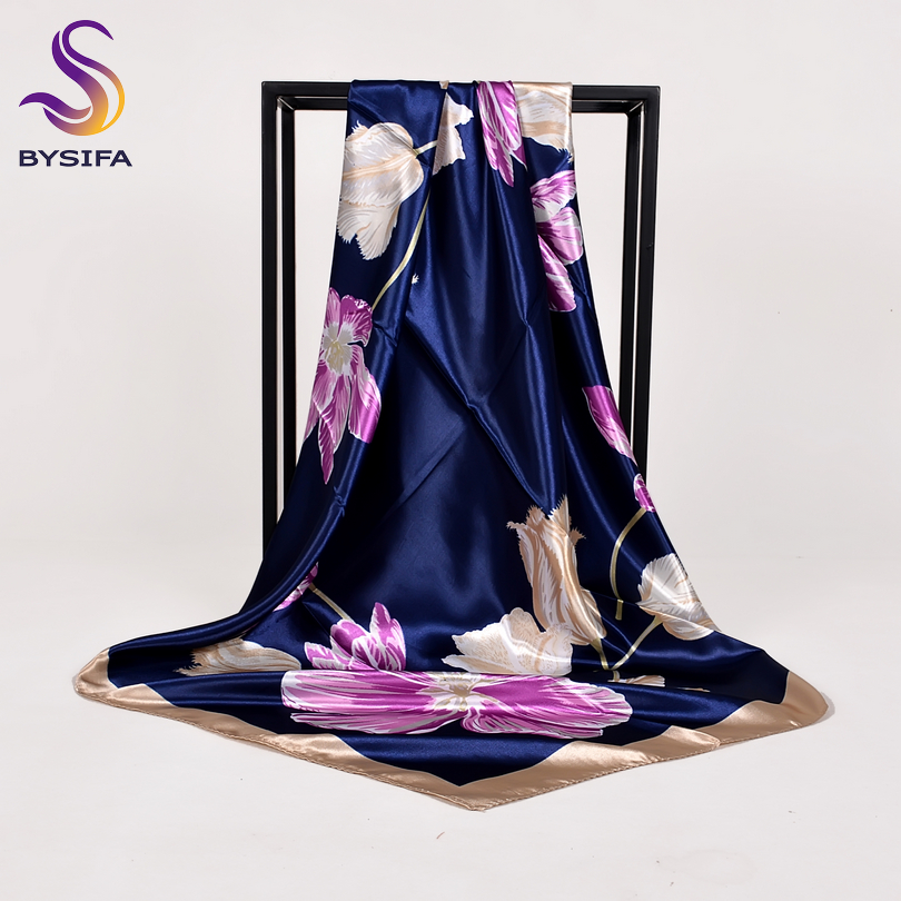 [BYSIFA] – foulard en soie pour femme, châle, élégant, marque florale, grand carré, enveloppe, mode musulmane, bleu, rouge, hiver