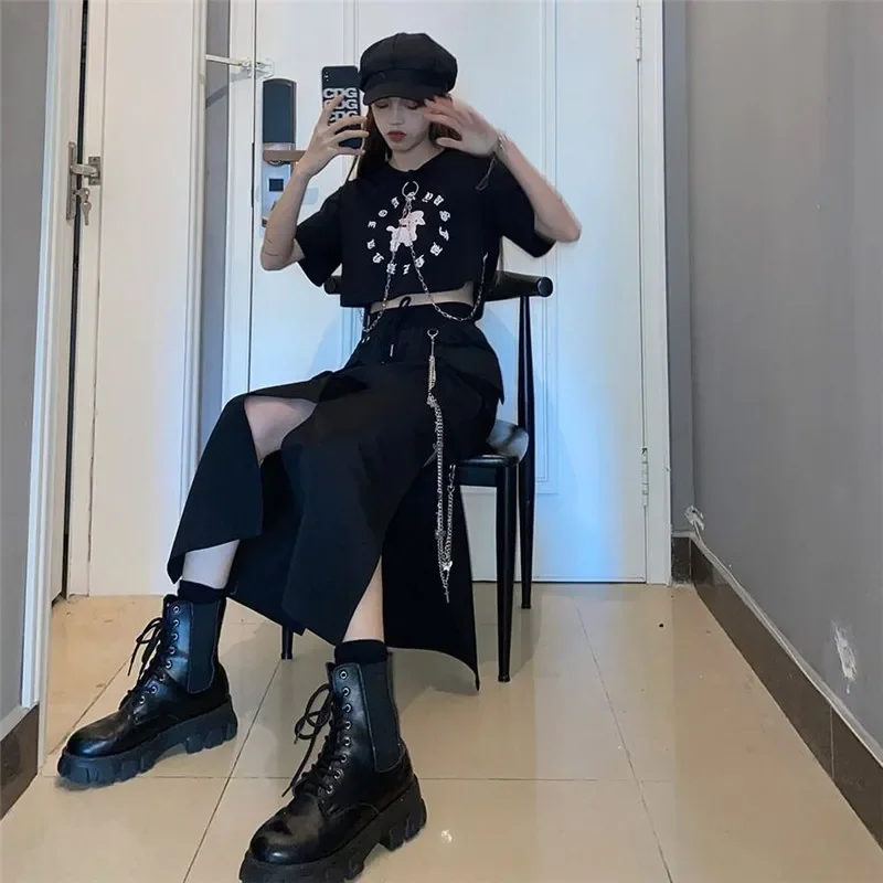 Jupe longue noire de Style coréen pour femmes, avec chaîne, fente latérale, Hip Hop, Streetwear, grande taille, nouvelle collection printemps automne 2025