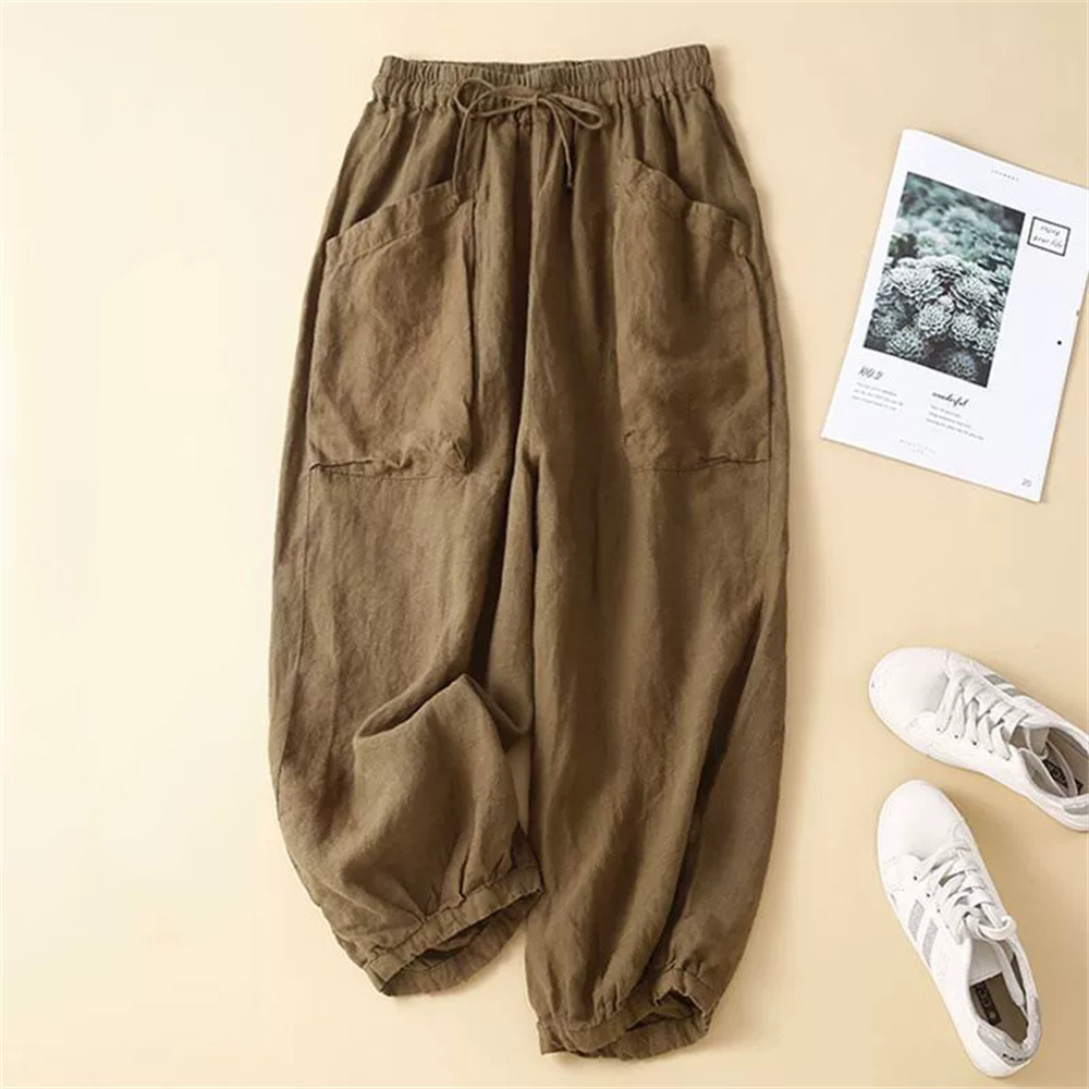 Mode coréenne coton noir pantalon femmes été 2025 nouveau décontracté ample grandes poches élastique taille haute lanterne pantalon pantalon