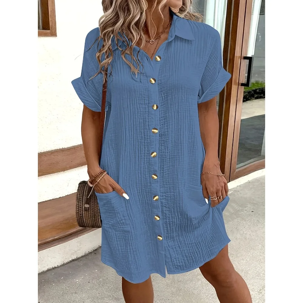 Robe chemise Simple pour femmes, grande taille 1XL-5XL, mode printemps et automne, décontractée, couleur unie, bouton à revers