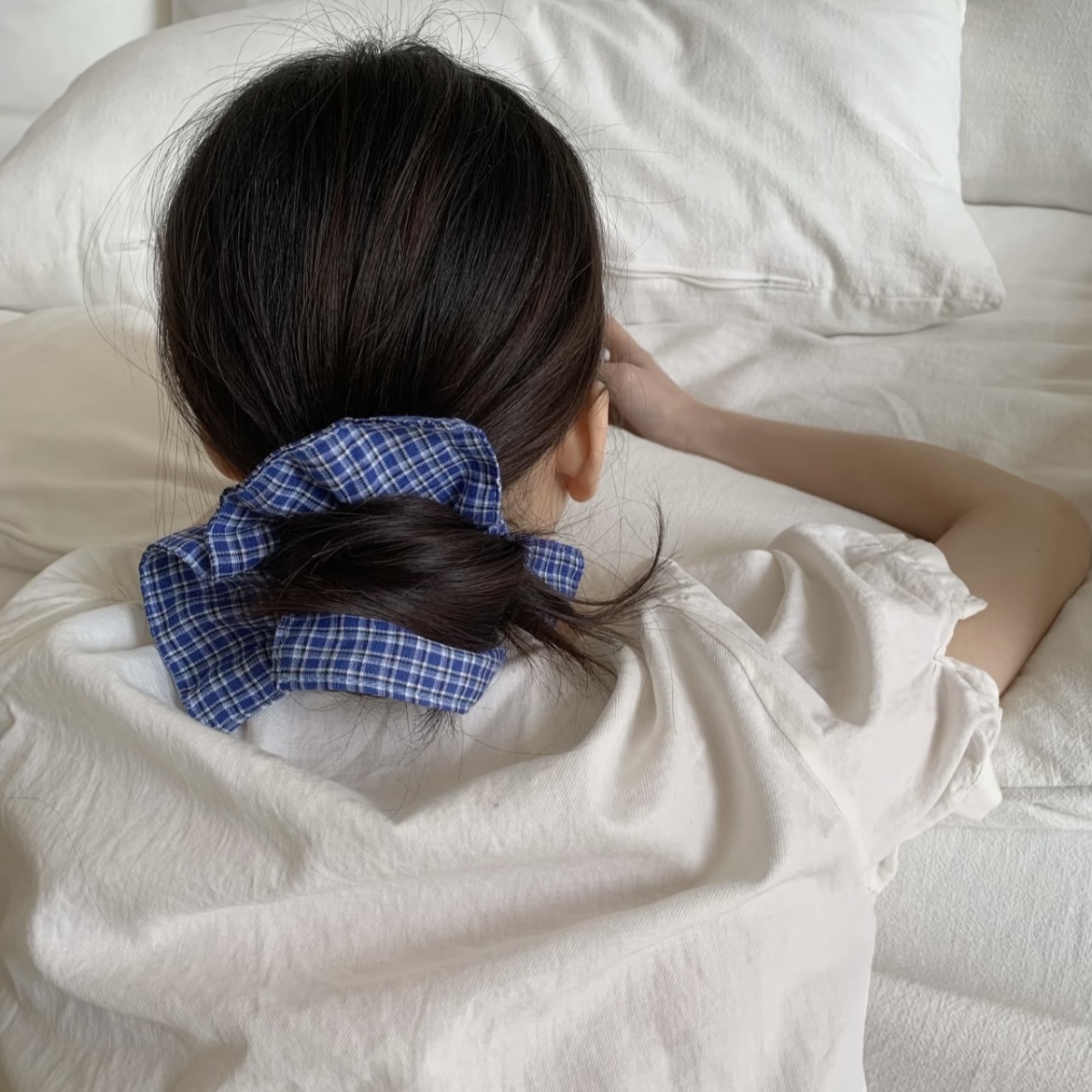 Preppy – chouchou à carreaux bleus de Style Preppy, cravate à cheveux en forme de grand nœud, accessoire de cheveux mignon et rétro pour femmes