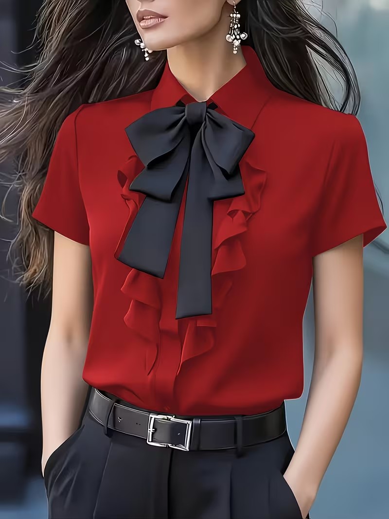 Chemisier élégant à nœud papillon et volants, manches courtes, pour femme, idéal pour le bureau ou les tenues décontractées