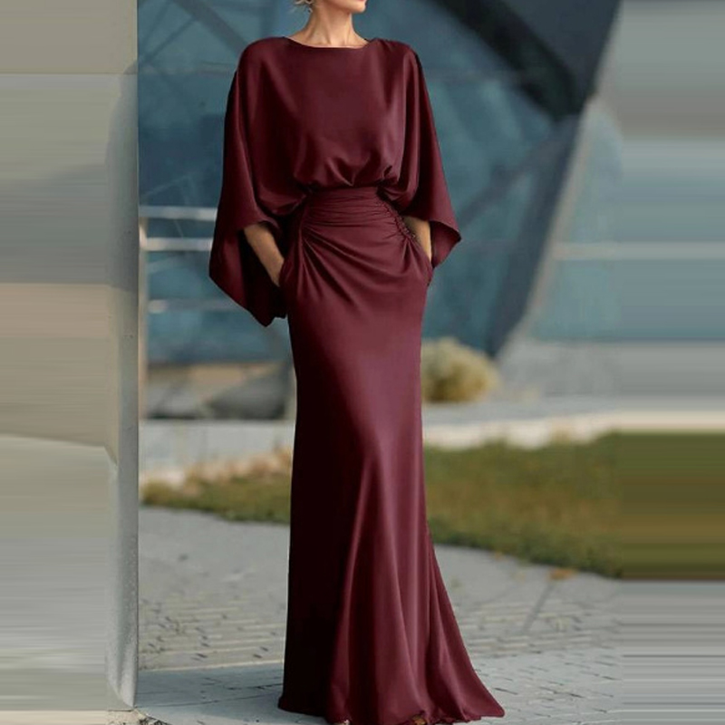 Robe longue plissée élégante à taille haute pour femme, col rond, manches chauve-souris, dos nu, poches, couleur unie, idéale pour les soirées