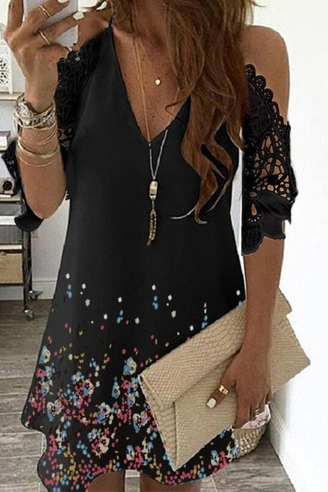 Grande taille Sexy robe à épaules dénudées femmes Vintage dentelle florale demi manches Mini robes décontracté fronde col en V plage robes de soirée