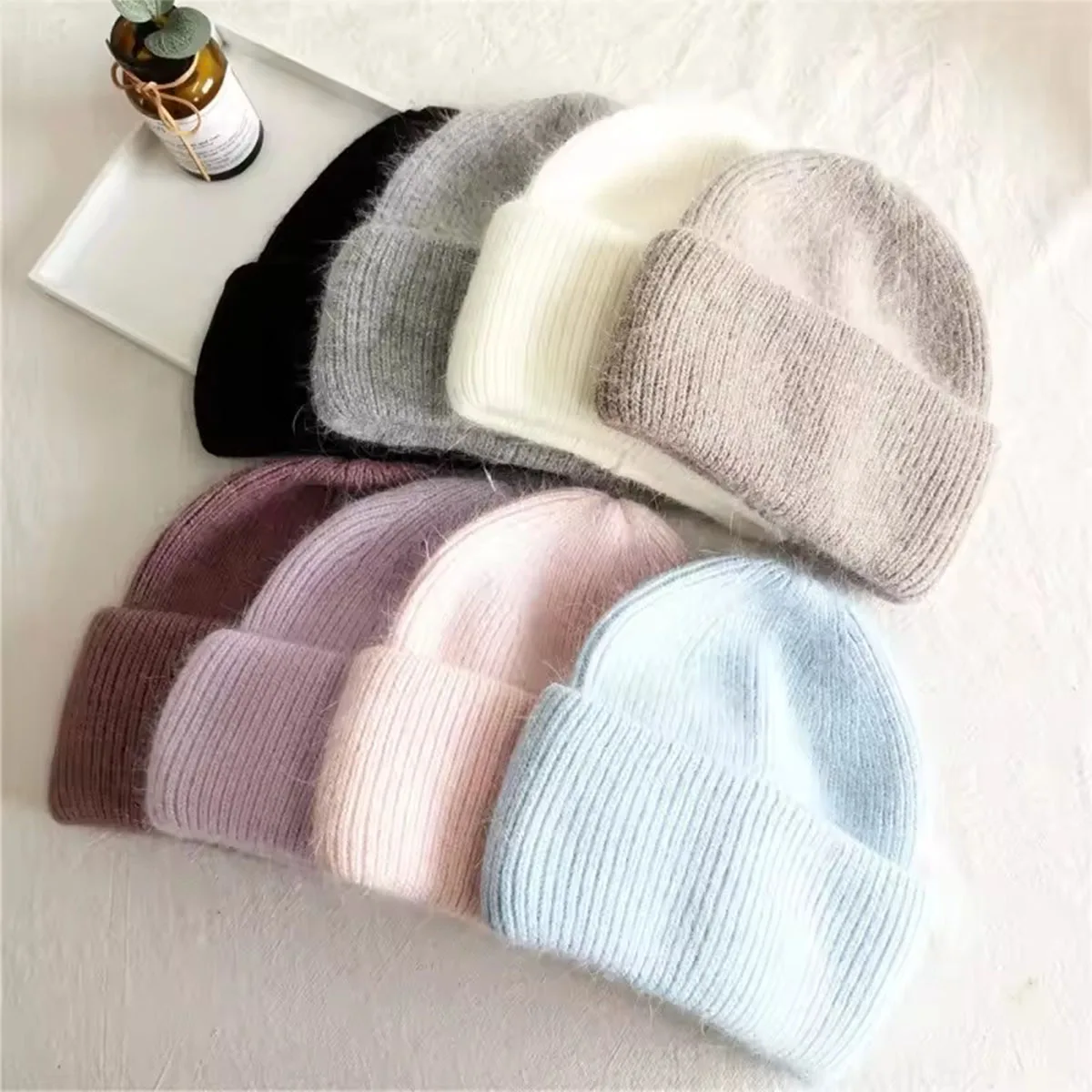 Chapeaux d'hiver pour femmes, bonnet en tricot doux, fourrure de lapin chaude, mignon, couleur unie, casquette ample, décontracté, mode extérieure, solide, couverture de tête pour adulte
