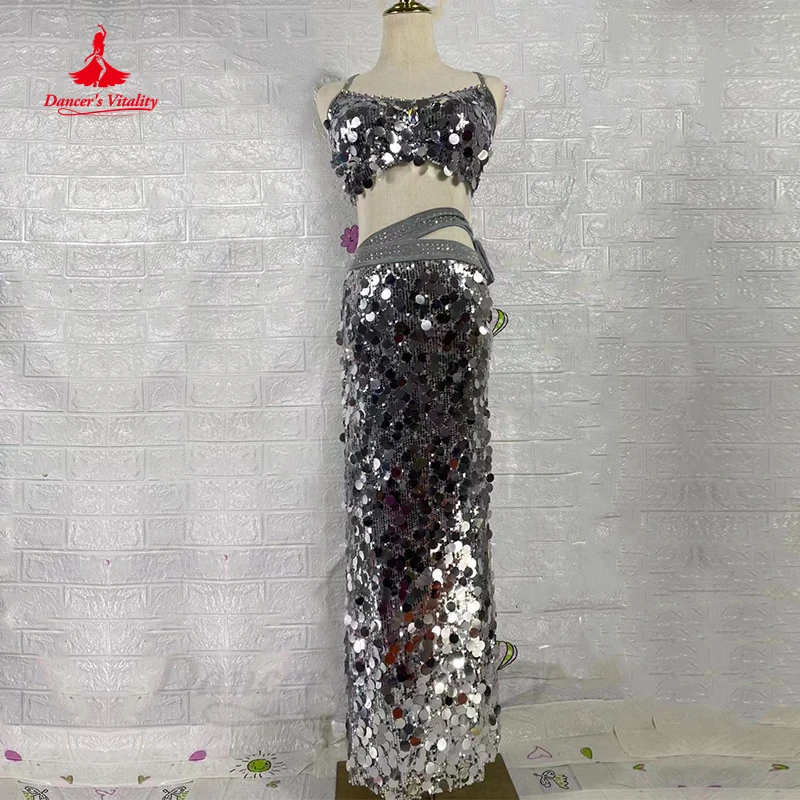 Costume de brevdu Ventre pour Femme, Vêtement de brev, Grand Soutien-Gorge à Paillettes, Haut + Jupe Longue Fendue, 2 Pièces