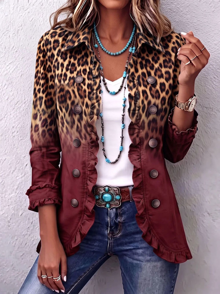 Vestes pour femmes à imprimé léopard dégradé, col à revers, bordure à volants, manches longues, coupe ample, style bohème western, pour l'automne, le quotidien et le streetwear