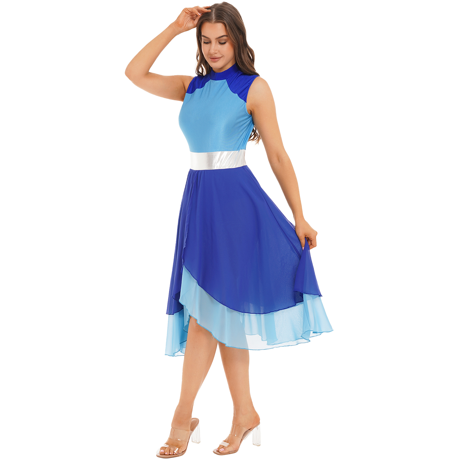 Robe de danse patchwork moderne pour femmes, robe de nuit pour documents once, col montant en fibre, ourlet fendu, vêtements de danse
