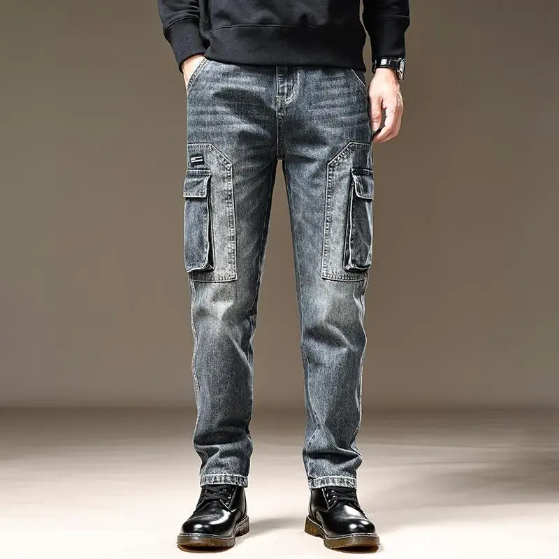 Jean pour hommes pantalon de cowboy droit avec poches pantalon Cargo esthétique régulière nouveau en empilé mode coréenne tendance 2025