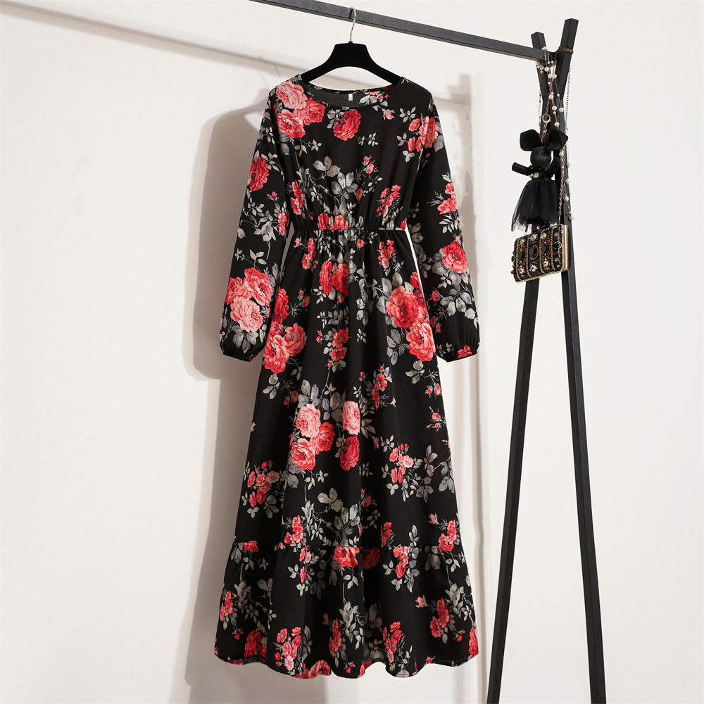 Robe longue en mousseline de soie pour femmes, manches longues, style bohème décontracté, taille haute, pour la plage, motif floral, automne