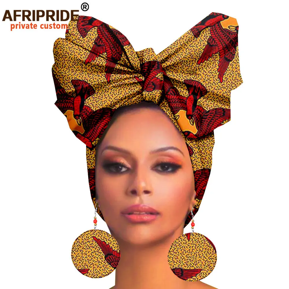 Couvre-chef et boucles d'oreilles africaines pour femmes, foulard de tête africain Ankara, foulard traditionnel, Turban imprimé cire AFRIPRIDE A19H008