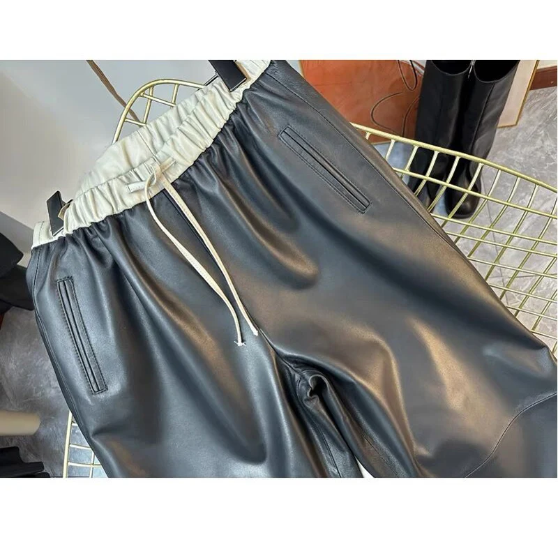Pantalon classique en cuir véritable pour femme, droit, trempé de pipeline, plus grand, jambes longues, streetwear décontracté, taille élastique
