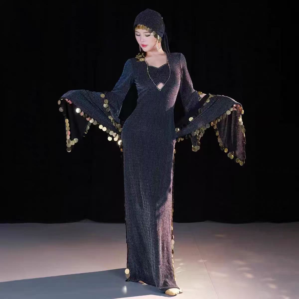 Costume de danse du ventre égyptien, Robe Hafla, Baladi Saidi, Galabeya Abaya, 4 pièces, Robe + coiffure + ceinture + sous-vêtements en coton