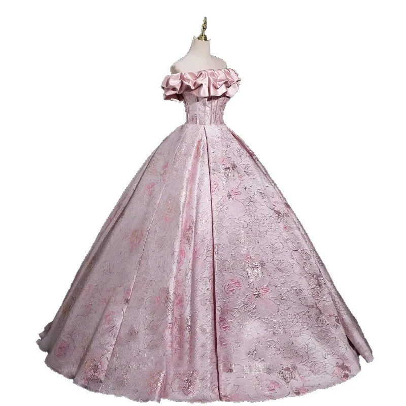 Robe de bal Lolita rose élégante, épaules dénudées, col à volants, robe florale en Jacquard, robe de soirée formelle de bal de thé, robe victorienne