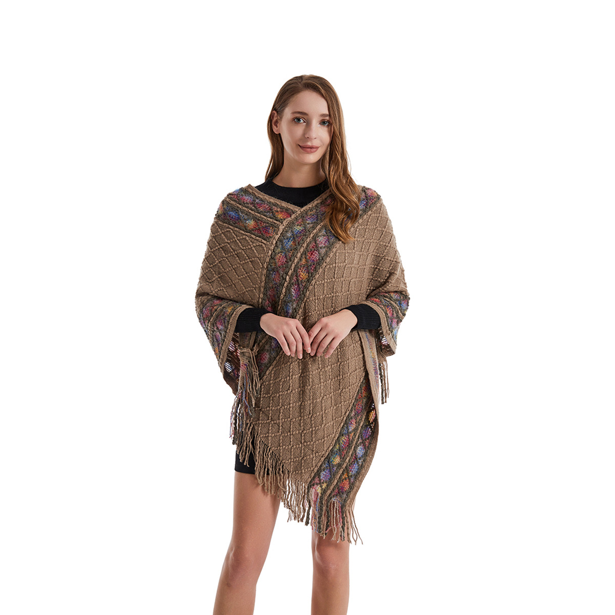 Poncho de style rétro pour femme, châle vintage unique, pull ethnique avec glands ronds bidirectionnels, printemps et automne