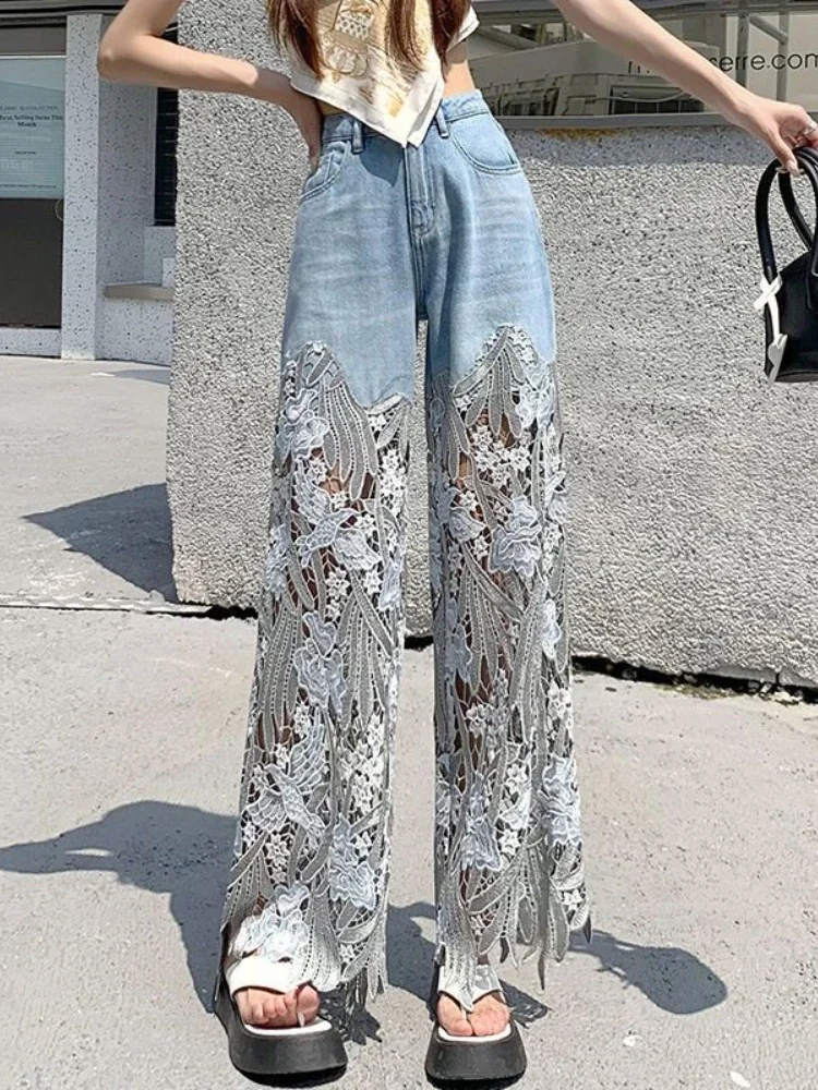 Jeans en dentelle taille haute pour femmes, patchwork, évider, pantalons irréguliers, pantalons décontractés élégants, tout match, mode