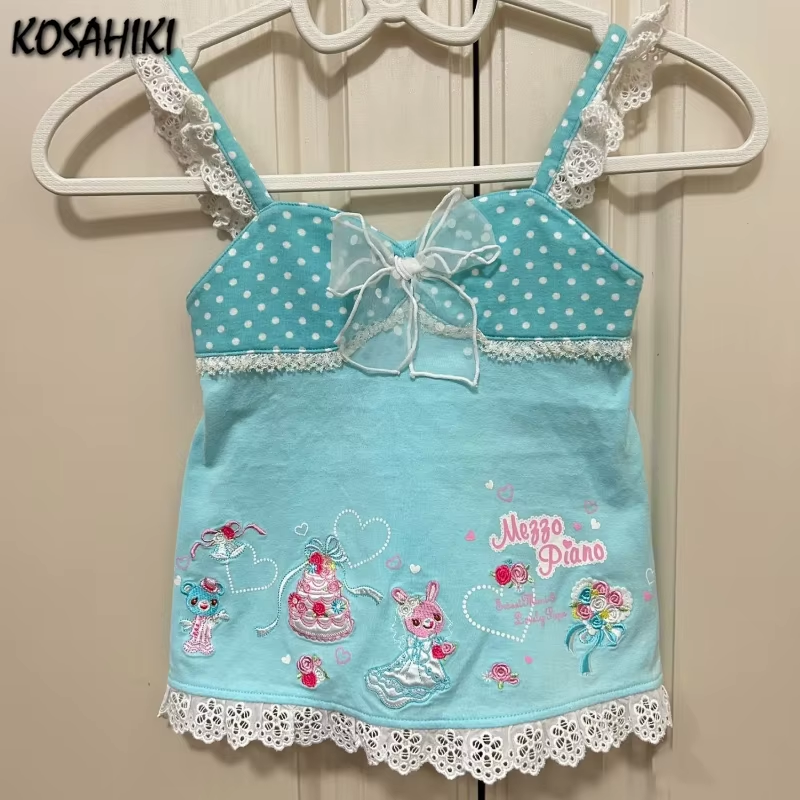 Gilet brodé de dessin animé japonais Kawaii, Y2k, esthétique, à pois, dentelle, Patchwork, Camisole douce, débardeur d'été avec nœud Grunge