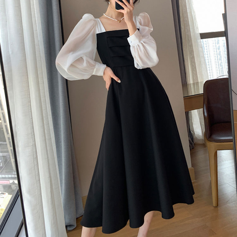 Robe noire coréenne en mousseline de soie pour femme, robe taille haute, patchwork, col carré, robe trapèze, mode élégante, bureau, été, éducatif