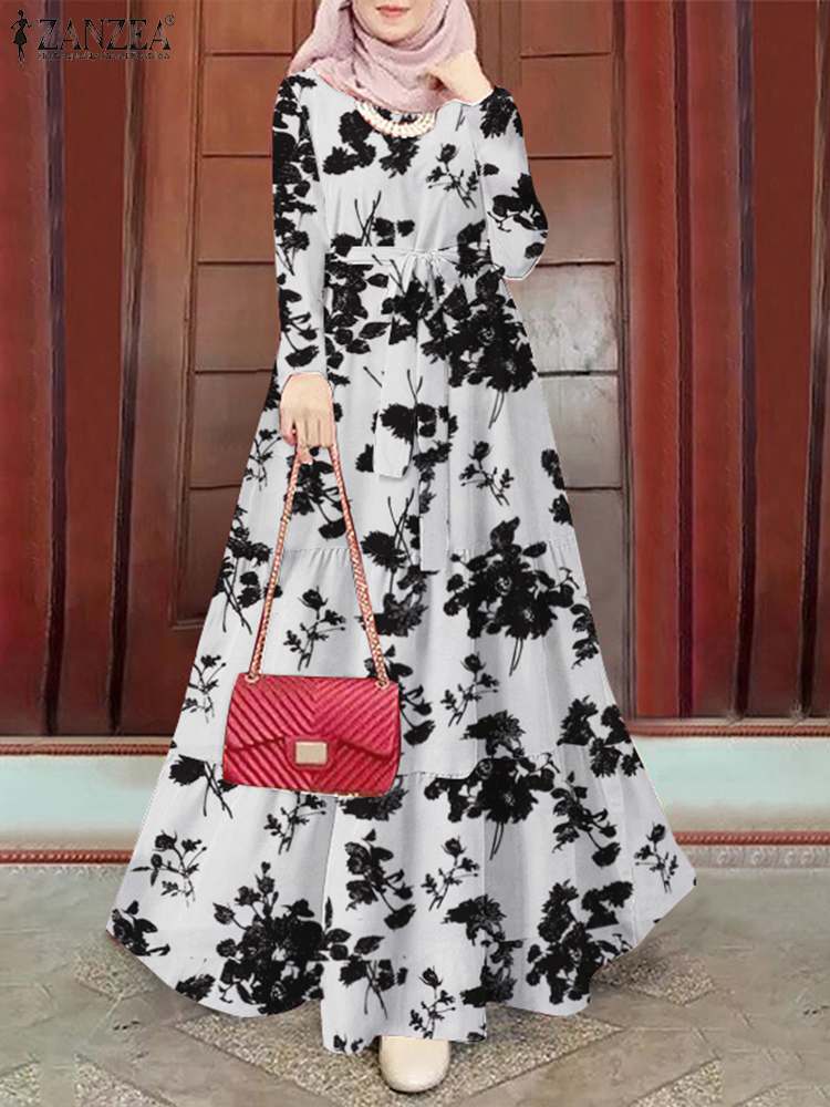ZANZEA-Robe musulmane à imprimé floral, manches longues, ramadan, turquie, vintage, éducatif, vacances, maxi, caftan, islamique, abaya, printemps