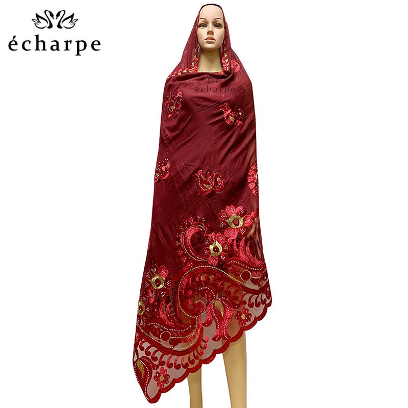Nouveau foulard africain pour femmes, broderie en coton, avec empiècements en filet, hijab pour femmes, grande taille, foulard en pashmina EC921