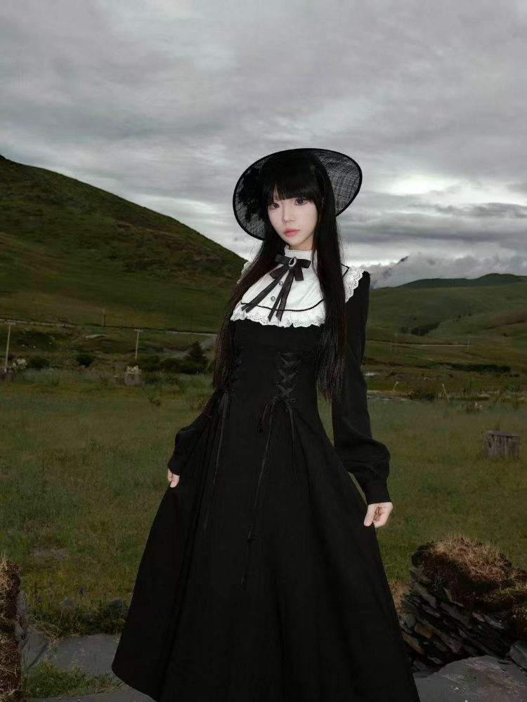 Robe mi-longue gothique Vintage pour femmes, tenue de soirée Kawaii avec nœud Lolita, en dentelle Harajuku, Patchwork, nouvelle collection