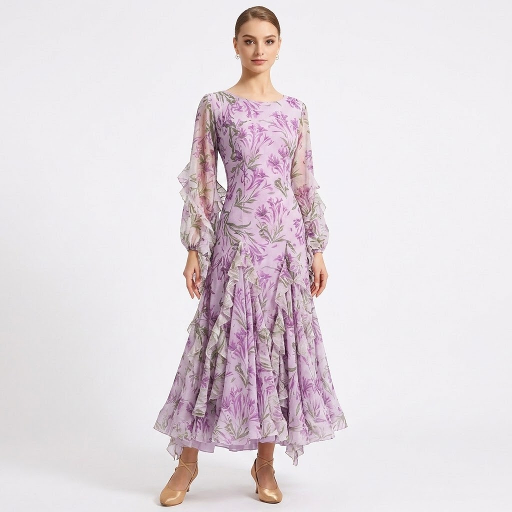 Robe de danse de salon pour femme, imprimé floral violet, dos nu, manches longues, volants, grande jupe évasée, pour la danse de la valse, la compétition moderne et la pratique